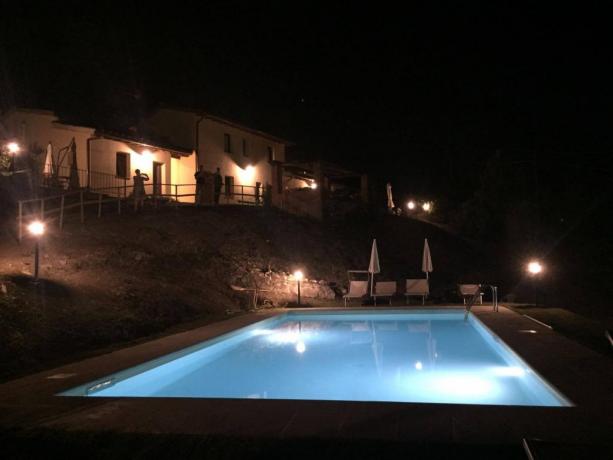 La nostra villa e la piscina in notturna