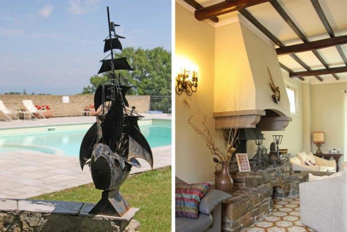 Villa piscina bambini e soggiorno con camino