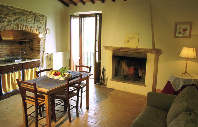 Melograno apartment detail of the living room with fireplace