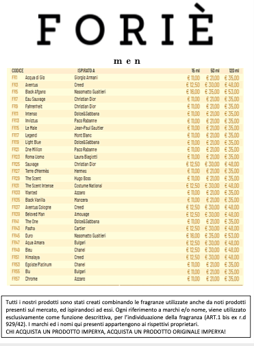 listino catalogo profumi uomo imperya foriè