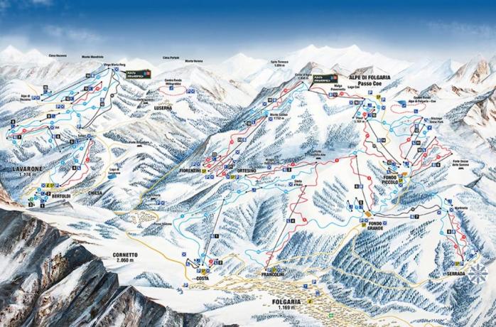 Mappa piste sci Folgaria-Lavarone: hotel 300mt ufficio skipass