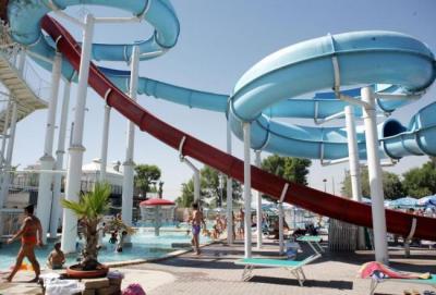 Water-attractions and slides at Beach Village Waterpark, Italy