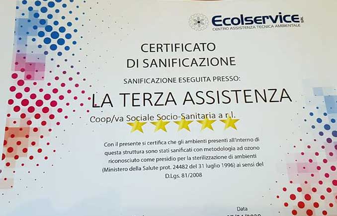 Certificato-Sanificazione da CoronaVirus Centro Anziani: La-Terza-Assistenza