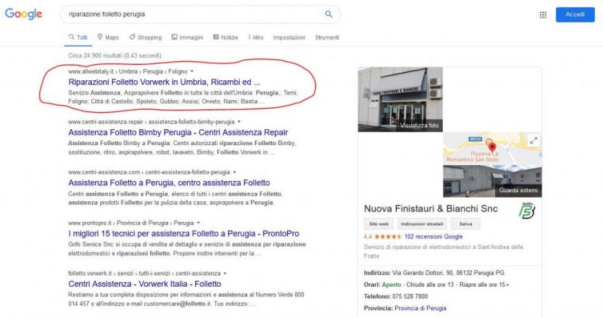 Apparire in Prima-Pagina-Google: Riparazione-Folletto-Perugia